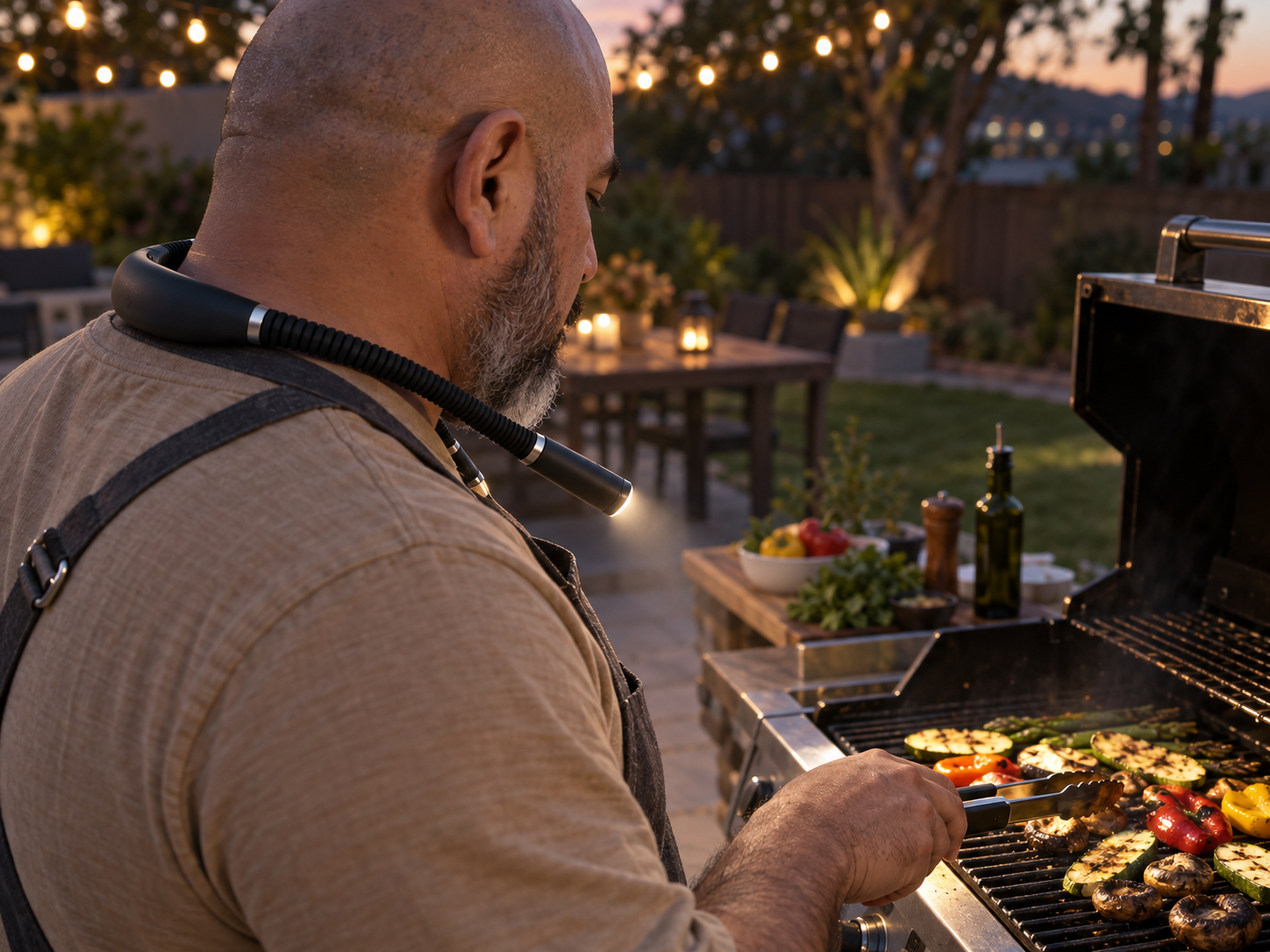 Illustrative scene: A bearded man tending a backyard barbecue with a neck light