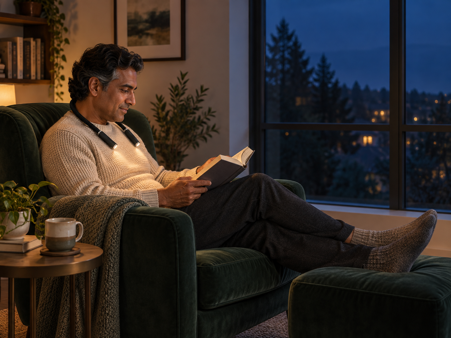 Illustrative scene: A man reading in a green armchair beside a window