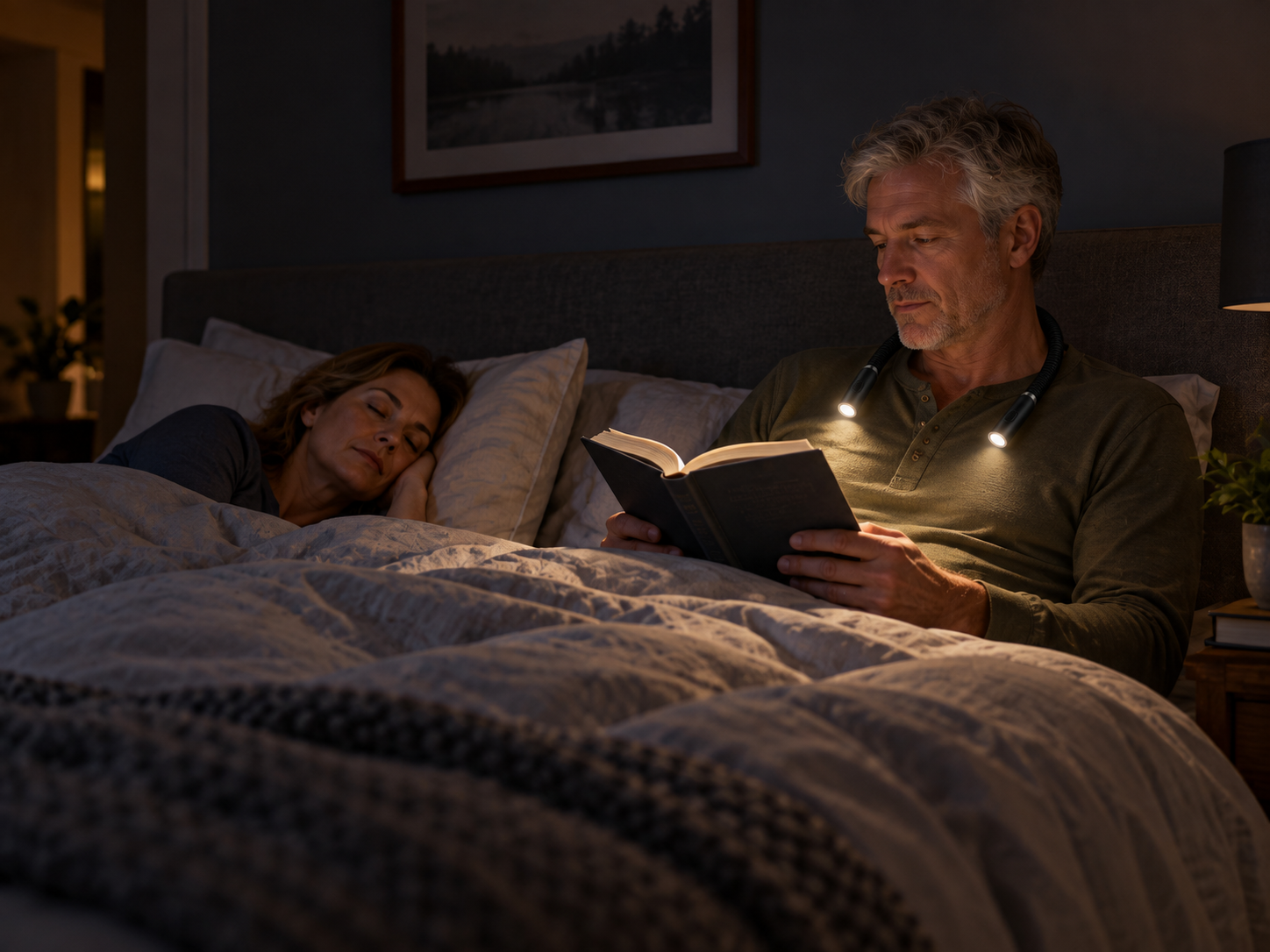 AI illustration of a reader using a neck light beside a resting partner