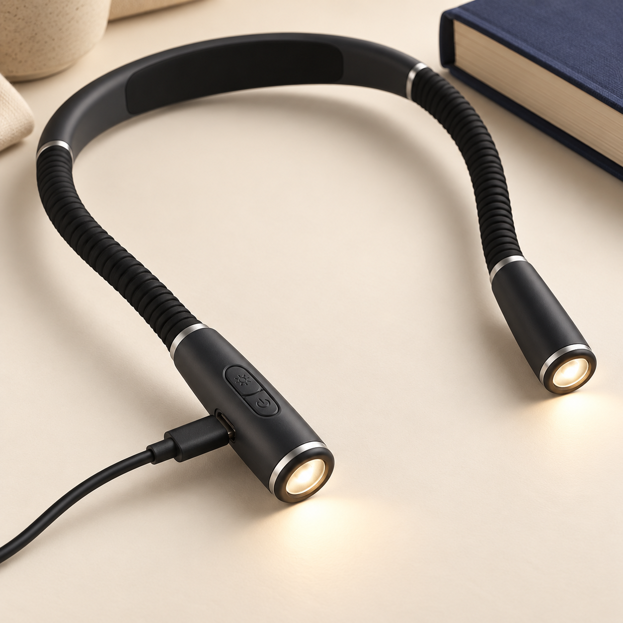 Illustrative close-up of the neck light and USB charging connection