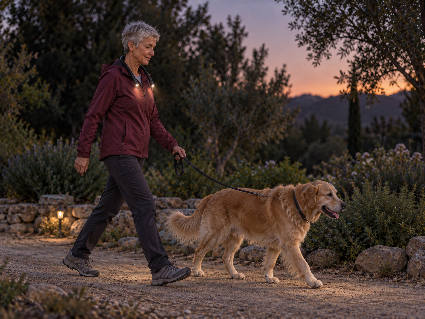 Illustrative scene: A silver-haired woman walking a golden retriever at dusk